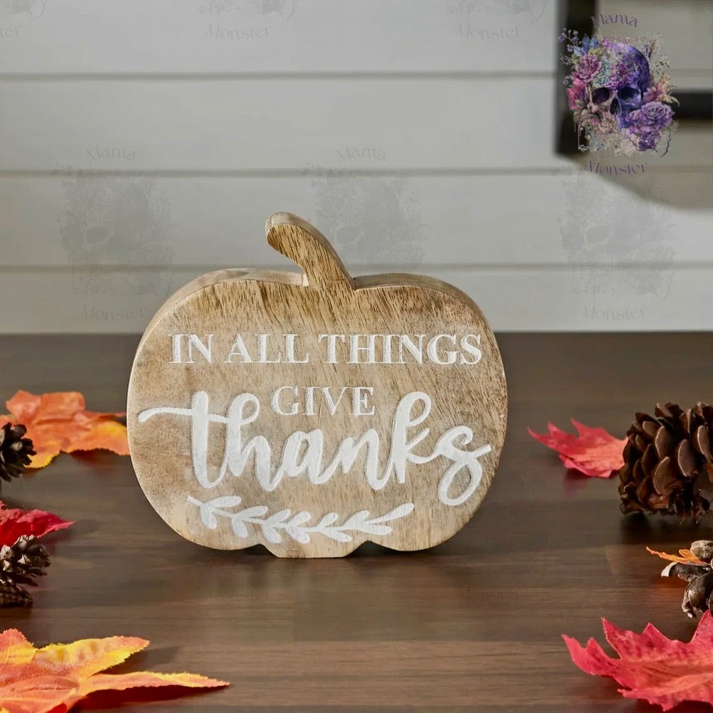 In All Things Give Thanks Pumpkin Shaped Wood Decor