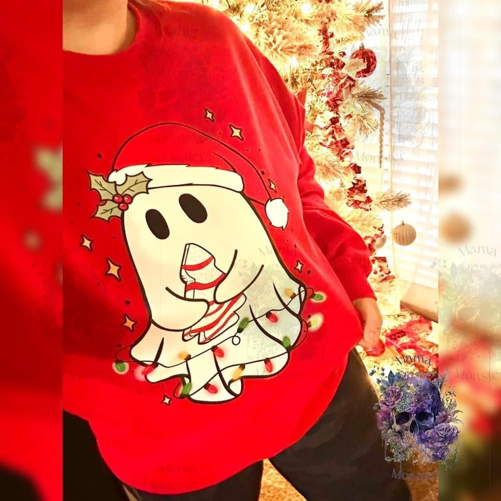 Ghost Santa Hat Holding Christmas Tree Cake Christmas Lights Red Sweatshirt