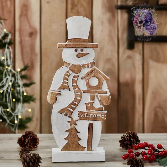 Snowman with Welcome Sign Carved Wooden Figurine