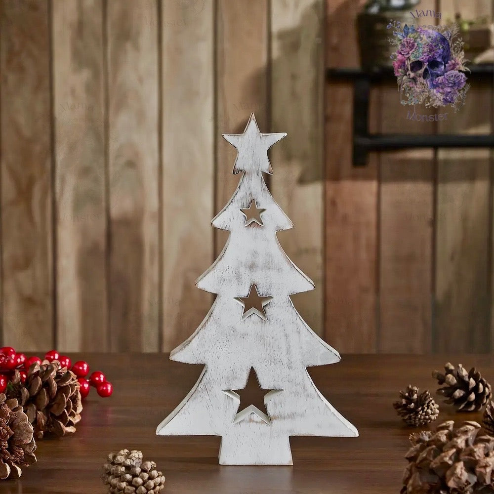 Christmas Tree w/ Stars White Wooden Figurine